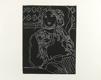 Fashion Art 1968 Handmade Etching of Woman Black Background Print