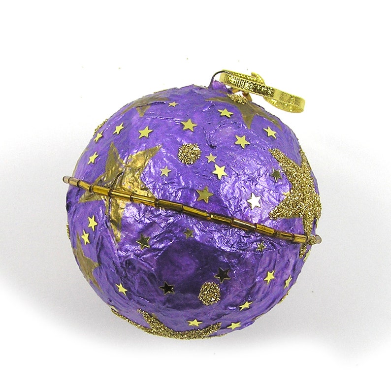 Purple and Gold Hand Decorated 3 Styrofoam Ball Ornament Gold Stars Ornament Handmade Ornament