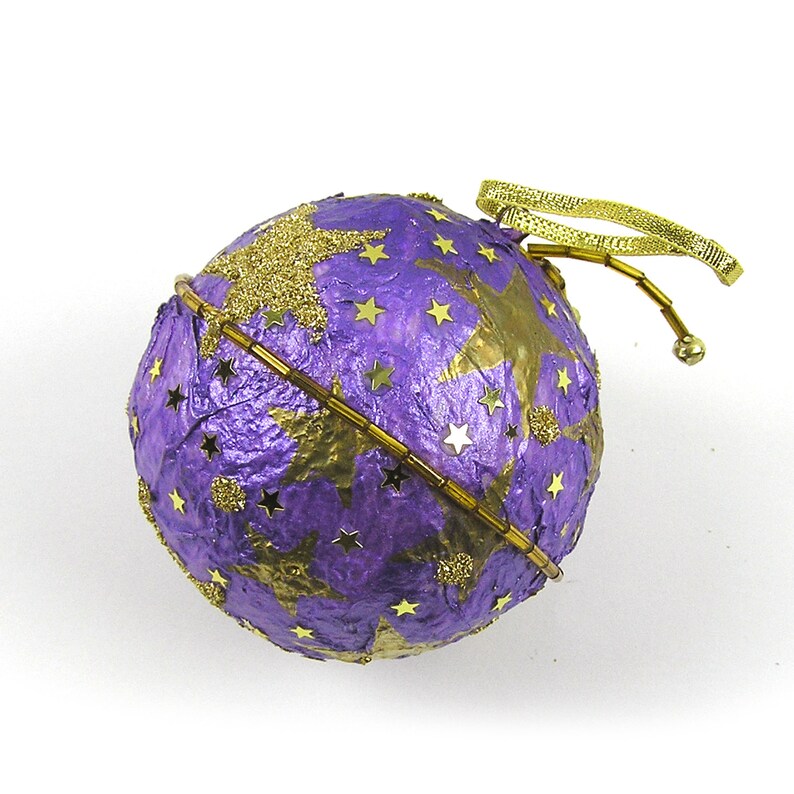 Purple and Gold Hand Decorated 3 Styrofoam Ball Ornament Gold Stars Ornament Handmade Ornament