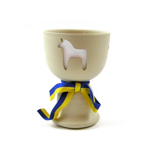Vintage Swedish Horse Pottery Candle Holder with Blue Ribbon