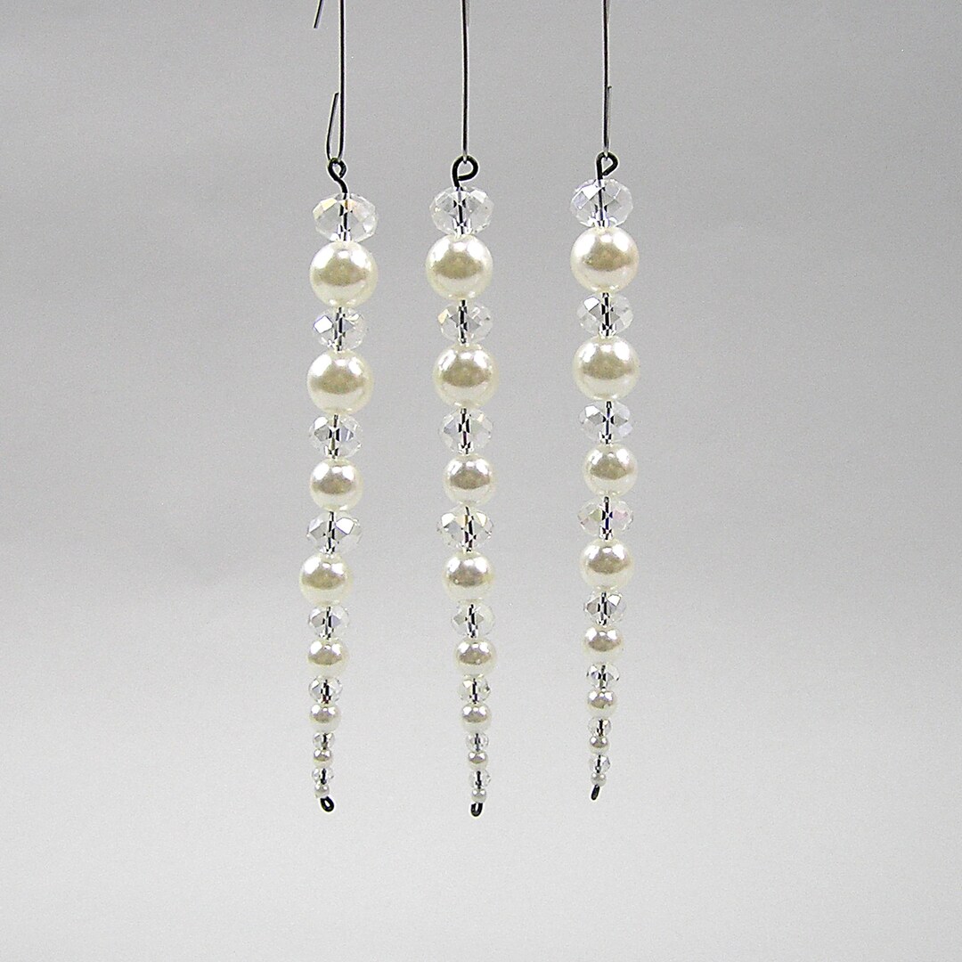Icicle Ornament Set of 3 Crystal and Pearl Icicles Handmade Ornament