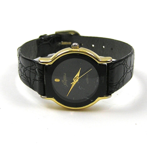 Pierre Jacquard Black Quartz Watch w/Leather Band Ladies Watch Quartz Wrist Watch Working