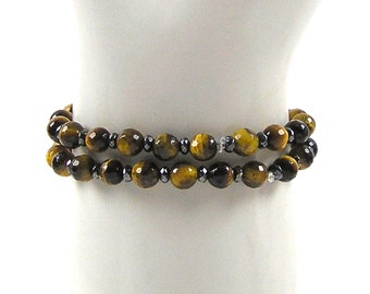 Tiger Eye Stretch Bracelet with Hematite Spacers Fits 6 1/2 - 7 inch Wrists Fall Colors