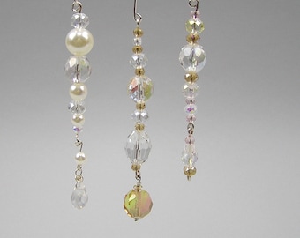 Icicle Ornament Set of 3 Gold and Clear Crystal Bead Icicle Ornaments with Faux Pearls Handmade Tree Bling