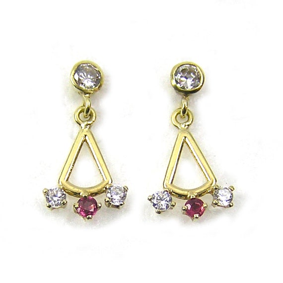 Gold Earrings for Child Tiny Gold Diamond and Rub… - image 1