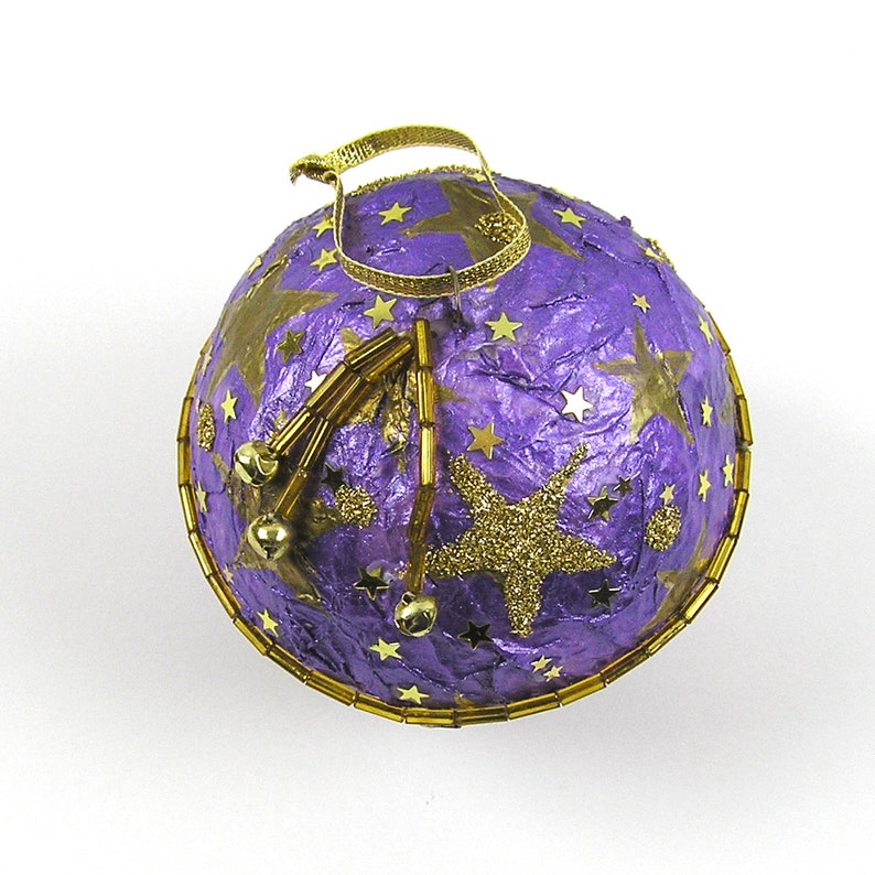 Purple and Gold Hand Decorated 3 Styrofoam Ball Ornament Gold Stars Ornament Handmade Ornament