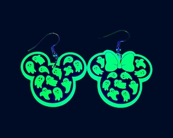 Boucles d'oreilles phosphorescentes tête de Mickey et Minnie Mouse fantômes d'Halloween
