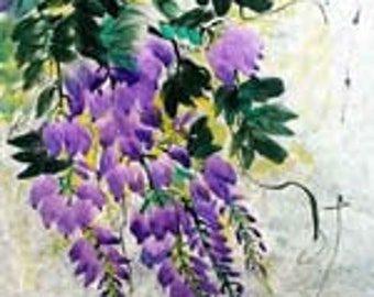 Wisteria III Asian Brush Painting on Rice Paper hand made card printed on fine linen paper.