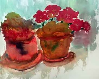 Geraniums Painting on Waterclor Paper hand made card printed on fine linen paper.