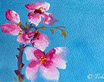 Pink Blossoms  Painting on Watercolor Paper hand made card printed on fine linen paper.