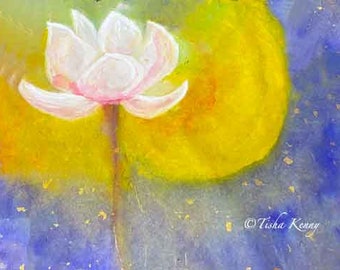 Golden Moon & Lotus  Asian Brush Painting on Rice Paper hand made card printed on linen paper.