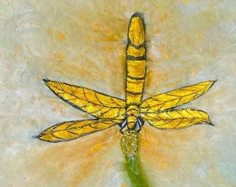 Golden Dragon Fly Asian Brush Painting on Rice Paper hand made card printed on fine linen paper.