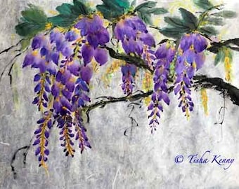 Wisteria IV Asian Brush Painting on Rice Paper hand made card printed on fine linen paper.