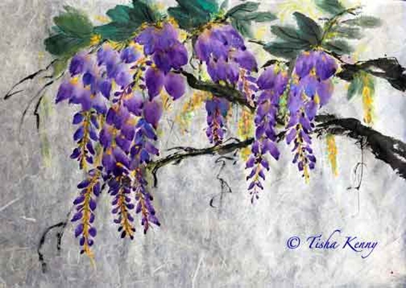 Wisteria IV Asian Brush Painting on Rice Paper hand made card printed on fine linen paper. image 1