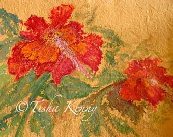 Malunek przedstawiający hibiskus florydzki na żółtym papierze ryżowym. Ręcznie wykonana kartka, drukowana na cienkim papierze lnianym.