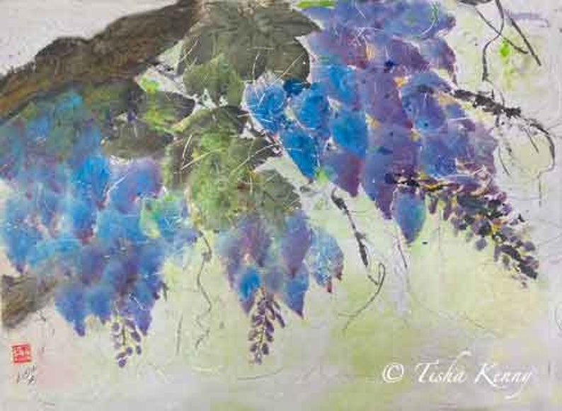 Abstract Wisteria III Asian Brush Painting on Rice Paper hand made card printed on fine linen paper. image 1