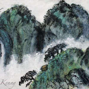 Chinese Mountain Scene Aziatische Brush Schilderij op Rijst Papier met de hand gemaakt kaart gedrukt op fijn linnen papier.
