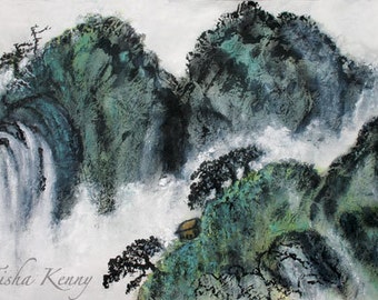 Chinese Mountain Scene Asian Brush Painting on Rice Paper hand made card printed on fine linen paper.