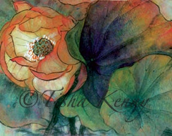 Autumn Lotus & Leaves Asian Brush Painting on Rice Paper hand made card printed on fine linen paper.