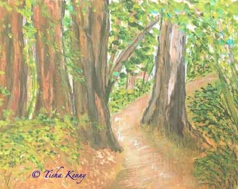 Big Basin Path Watercolor Painting on Wood Paper hand made card printed on fine linen paper.