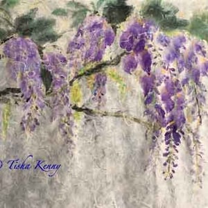 Pintura de pincel asiático abstracta Wisteria II sobre papel de arroz hecho a mano tarjeta impresa en papel de lino fino.