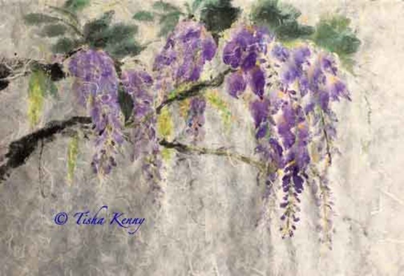 Résumé Wisteria II Asian Brush Painting on Rice Paper carte faite à la main imprimée sur du papier lin fin. image 1