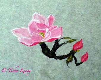 Floating Magnolia Asian Brush Painting on Rice Paper hand made card printed on fine linen paper.