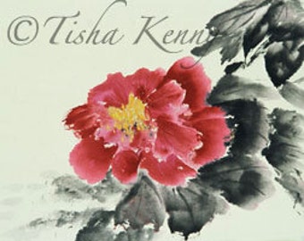 Peony & Black Leaves Asian Brush Painting on Rice Paper hand made card printed on fine linen paper.