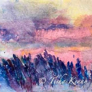 Abstract lavendelvelden schilderij op aquarel papier handgemaakte kaart gedrukt op fijne linnen papier.