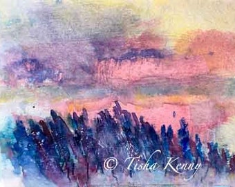 Abstract Lavender Fields  Painting on Watercolor Paper hand made card printed on fine linen paper.