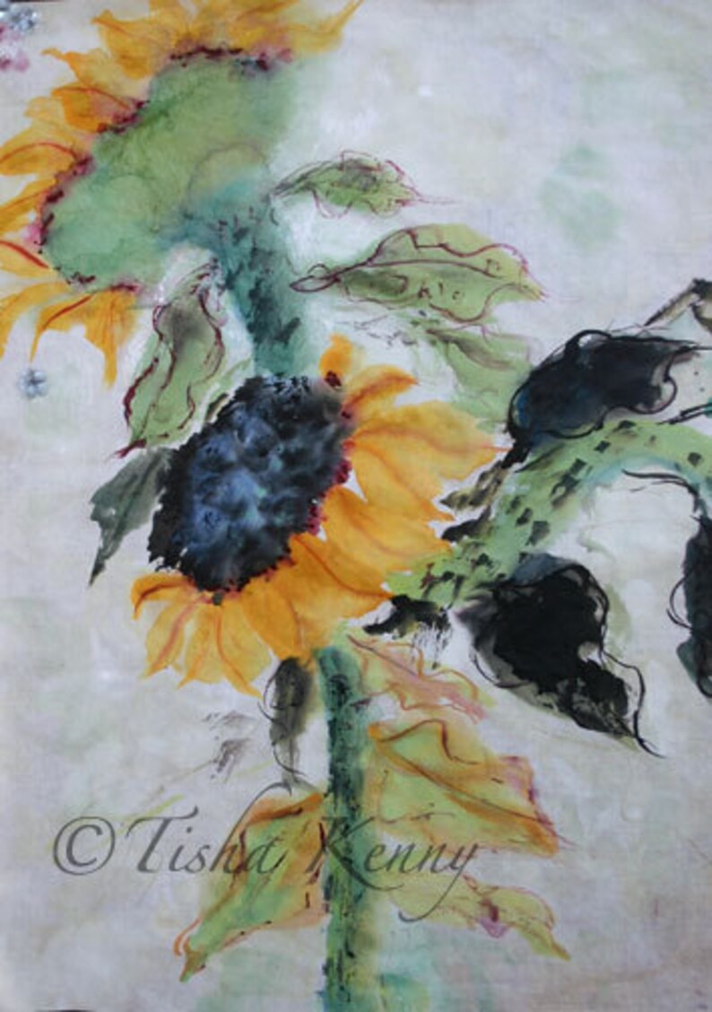 Sunflower II Asian Brush Painting on Rice Paper Hand Made Card Printed