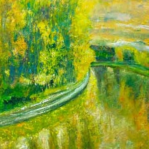 River Walk Impressionist Schilderij op Bladgoud Papier met de hand gemaakt kaart gedrukt op fijn linnen papier.