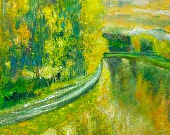 River Walk Impressionist Painting on Gold Leaf Paper hand made card printed on fine linen paper.