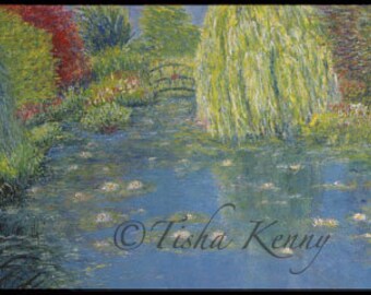 Willow & Lotus Impressionist Painting on Rice Paper hand made card printed on fine linen paper.