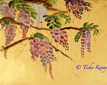 Wisteria Beauty Asian Brush Painting on Gold Paper hand made card printed on fine linen paper.