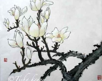 Magnolia Asian Brush Painting on Rice Paper hand made card printed on fine linen paper.