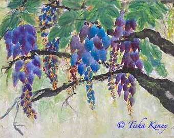 Wisteria VII Asian Brush Painting on Rice Paper hand made card printed on fine linen paper.