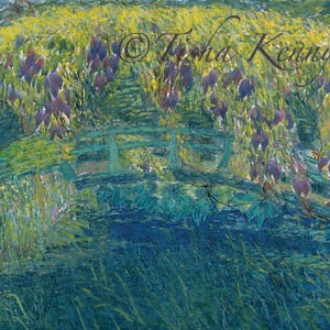 Wisteria Bridge Pintura impresionista sobre papel de arroz hecha a mano tarjeta impresa en papel de lino fino.