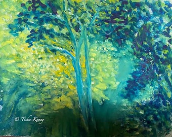 Sunlit Forest Painting on Paper hand made card printed on fine linen paper.