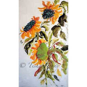 Tournesol I Asian Brush Painting sur Rice Paper carte faite à la main imprimé sur du papier lin fin.
