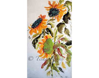 Sunflower I Asian Brush Painting on Rice Paper hand made card printed on fine linen paper.