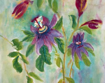 Passion Flower Asian Brush Painting on Rice Paper hand made card printed on fine linen paper.