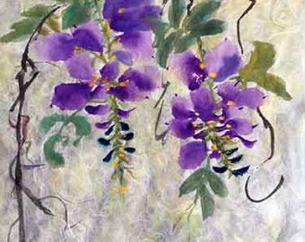 Wisteria VI Asian Brush Painting on Rice Paper hand made card printed on fine linen paper.