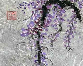 Vine & Buds II Asian Brush Painting on Rice Paper hand made card printed on fine linen paper.