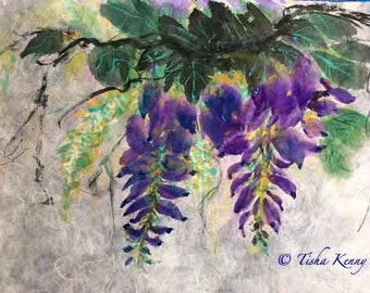 Wisteria V Asian Brush Painting on Rice Paper hand made card printed on fine linen paper.