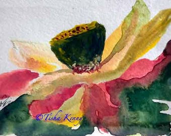 Red & Green Lotus Asian Brush Painting on Rice Paper hand made card printed on linen paper.