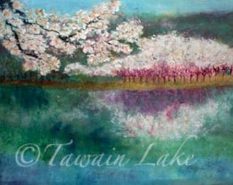 Tawain  Lake Asian Brush Painting on Rice Paper hand made card printed on fine linen paper.