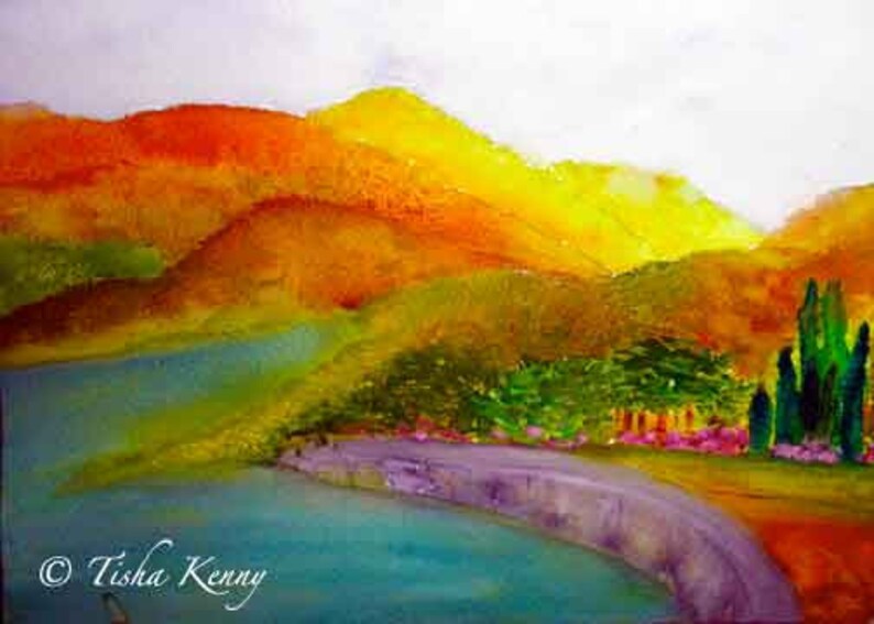 Along the River Wall Painting on Watercolor Paper hand made card printed on fine linen paper. image 1