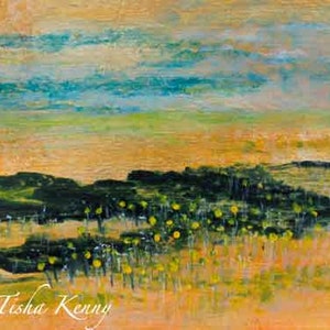 Gouden landschapsschilderij op papier met bladgoud Met de hand gemaakte kaart gedrukt op fijn linnenpapier.
