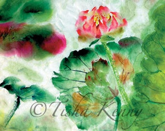 Lotus I Asian Brush Painting on Rice Paper hand made card printed on fine linen paper.